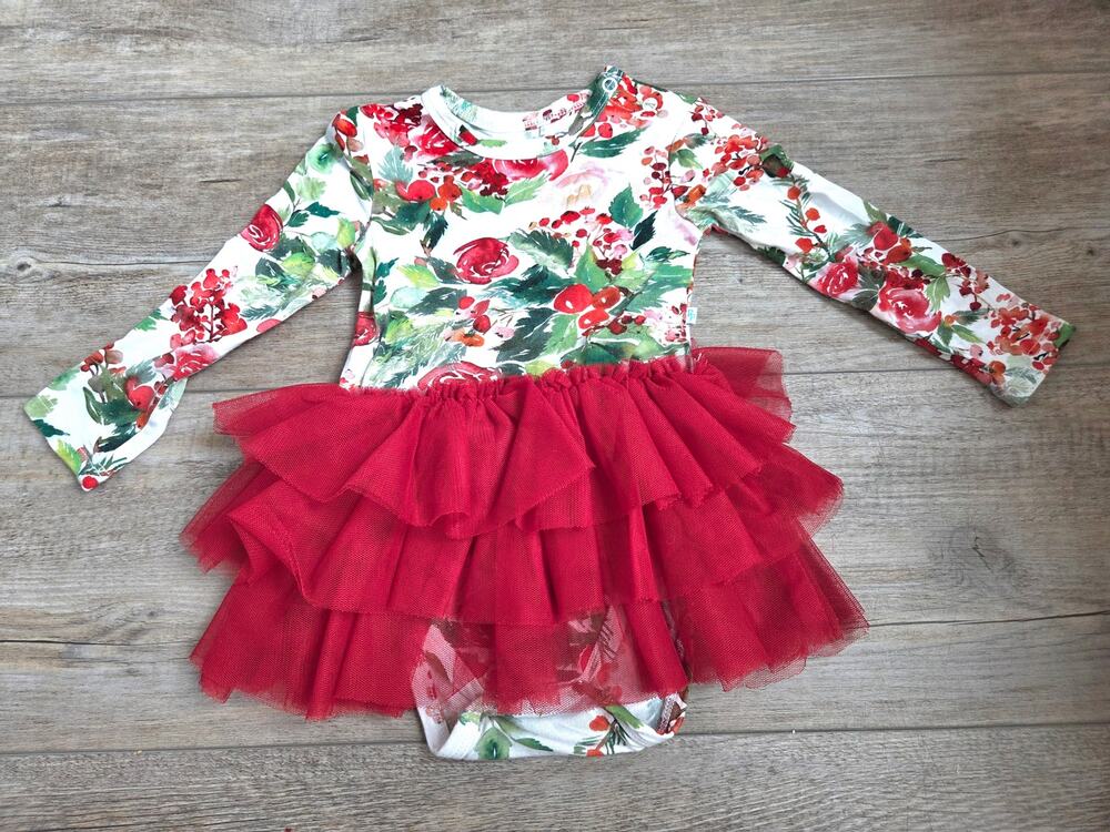 Posh Peanut Christmas Holly Floral Tutu Romper Dress 6-12M Red Bamboo